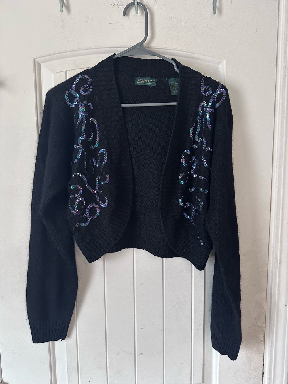 VTG Robinson’s Black Silk Angora Beaded Sequin Cropped Cardigan Sweater Small